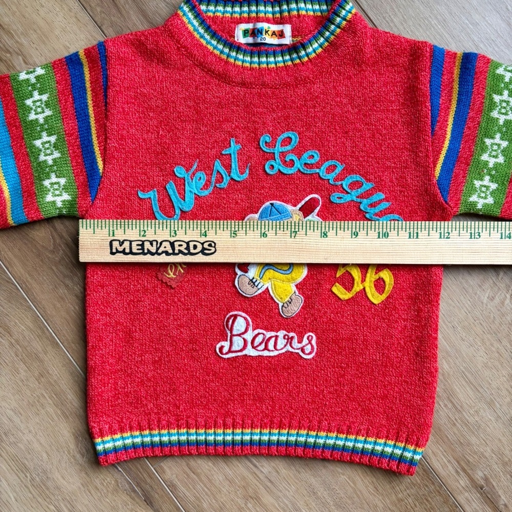 VTG Pankaj Kids 3T / 4T Sweater Red Teddy Bear Rainbow Striped Novelty Knit 90s - Picture 4 of 7